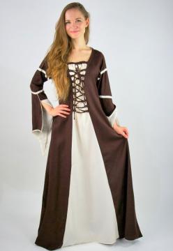 Robe médiévale avec manches trompette marron/ écru